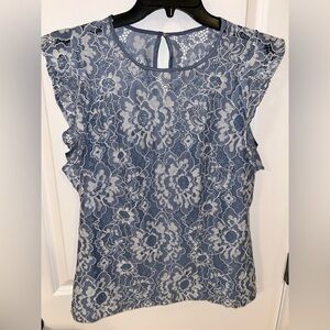 White House Black Market Lace Floral Blouse - Blue and White